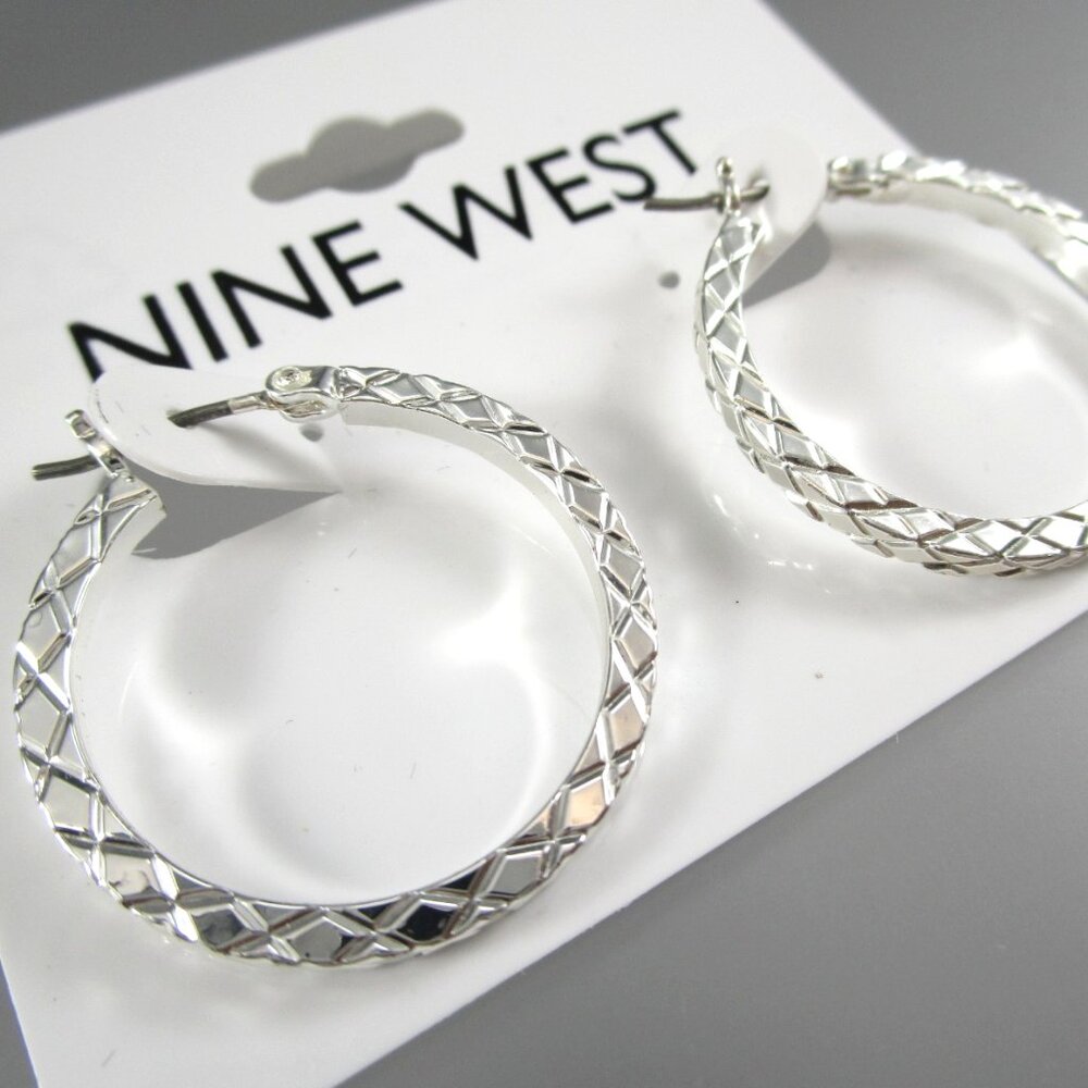 NINE WEST Mod/Contemporary Silver Diamond Shape Textured Hoop Earrings**NEW! - Picture 1 of 4